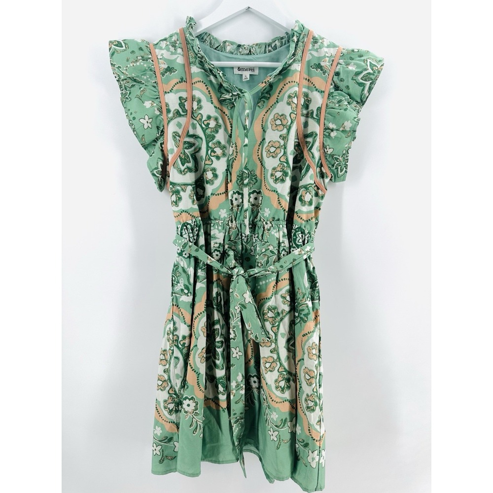 &Merci Womens Sz‎ L Green Floral Knee Length Flutter Peasant Cottagecore Q1011